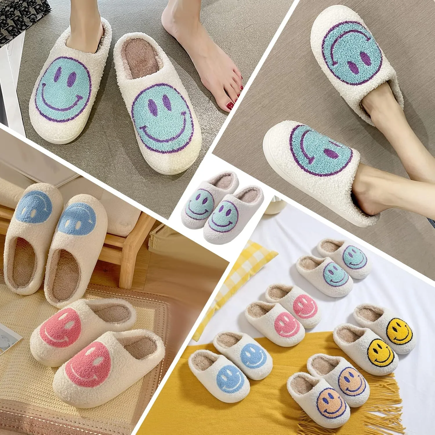 FACAXEDRE Smile Face Slippers for Women - Indoor Outdoor Retro Happy House Slides, Soft Fluffy Cushion Furry Shoes