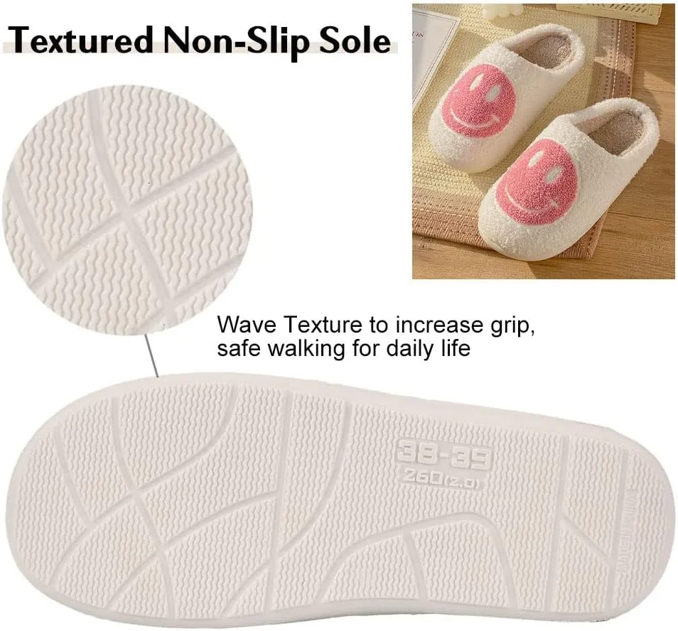 FACAXEDRE Smile Face Slippers for Women - Indoor Outdoor Retro Happy House Slides, Soft Fluffy Cushion Furry Shoes