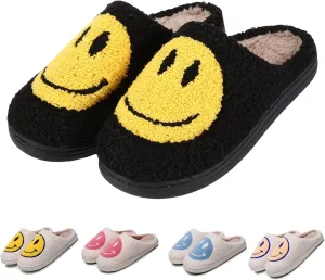 FACAXEDRE Smile Face Slippers for Women - Indoor Outdoor Retro Happy House Slides, Soft Fluffy Cushion Furry Shoes