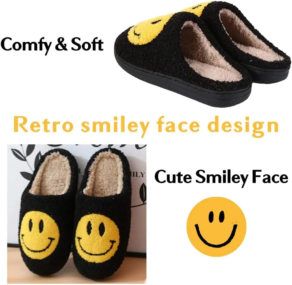 FACAXEDRE Smile Face Slippers for Women - Indoor Outdoor Retro Happy House Slides, Soft Fluffy Cushion Furry Shoes