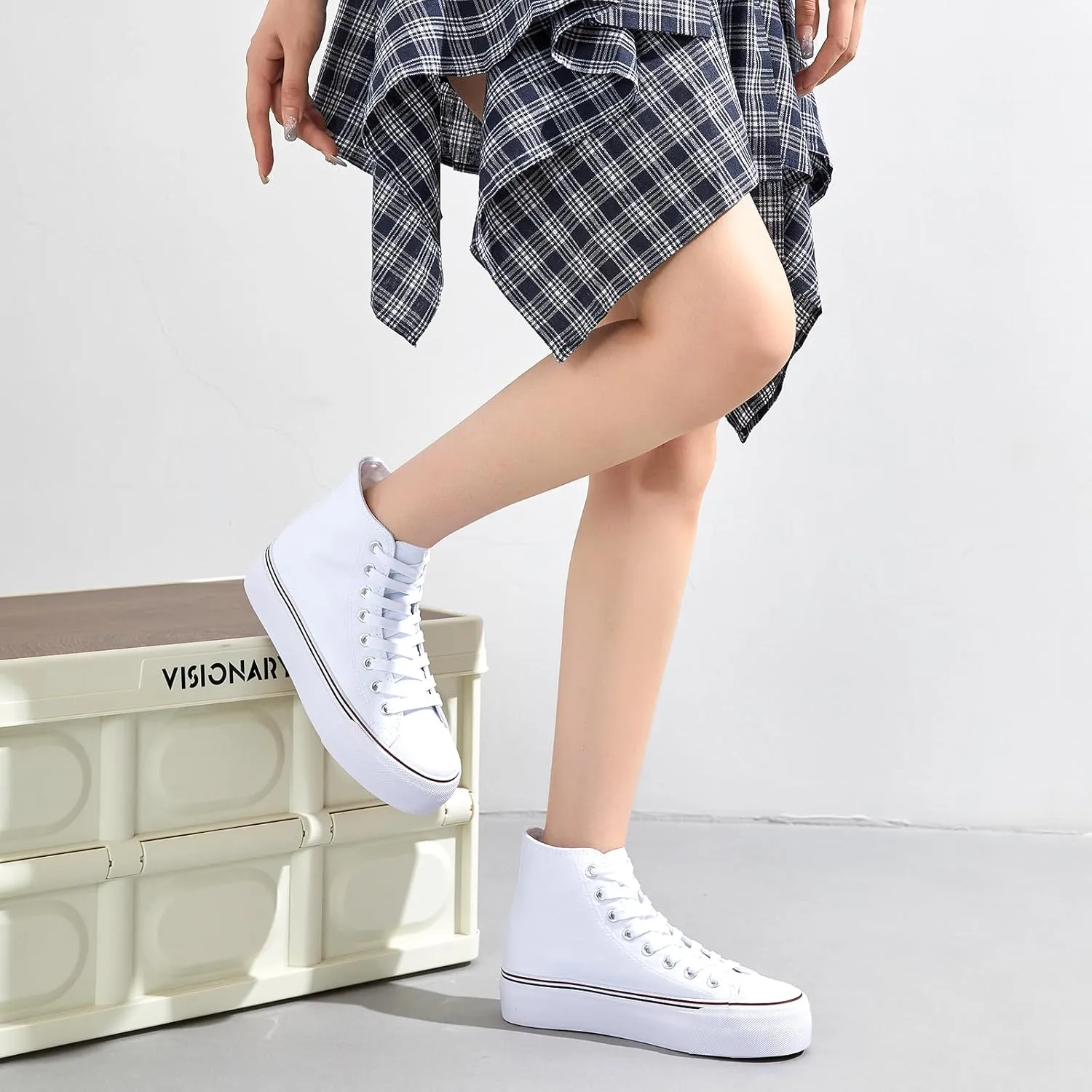 FINIWOR High Top Platform Sneakers for Women,Classic Black and White Canvas Shoes Womens Lace-up High Top Tennis Shoes