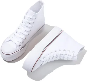 FINIWOR High Top Platform Sneakers for Women,Classic Black and White Canvas Shoes Womens Lace-up High Top Tennis Shoes