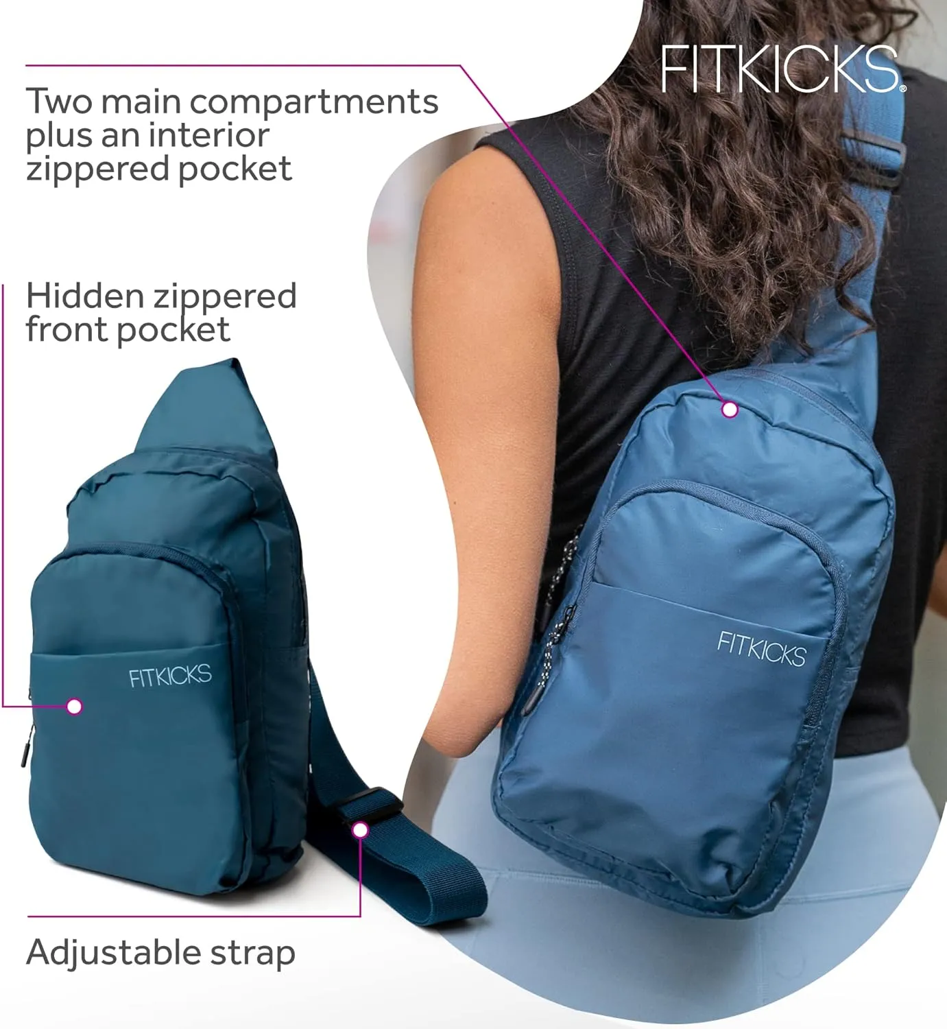 FITKICKS Hideaway Packable Sling Bag, Cross-body Bag for Men and Women, Blue