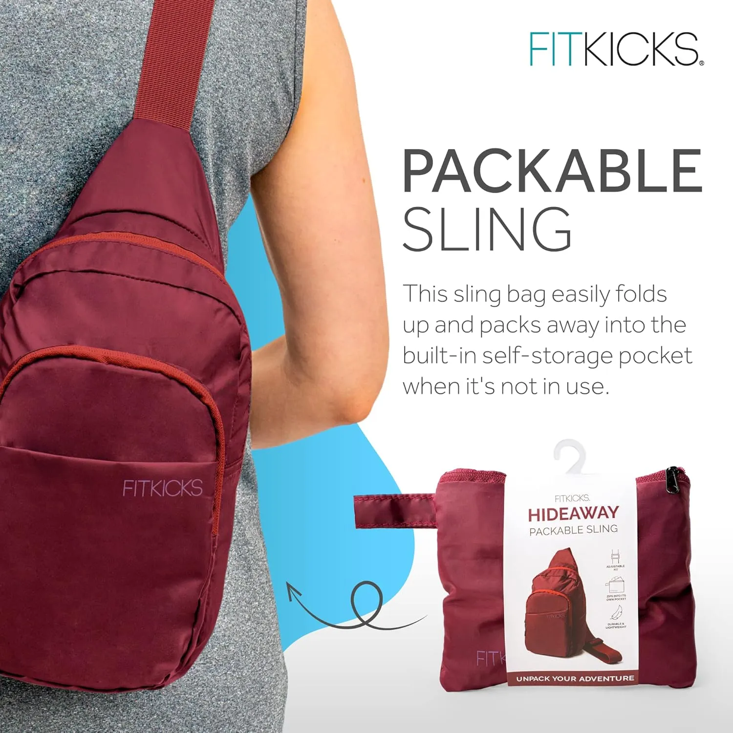 FITKICKS Hideaway Packable Sling Bag, Cross-body Bag for Men and Women, Burgundy