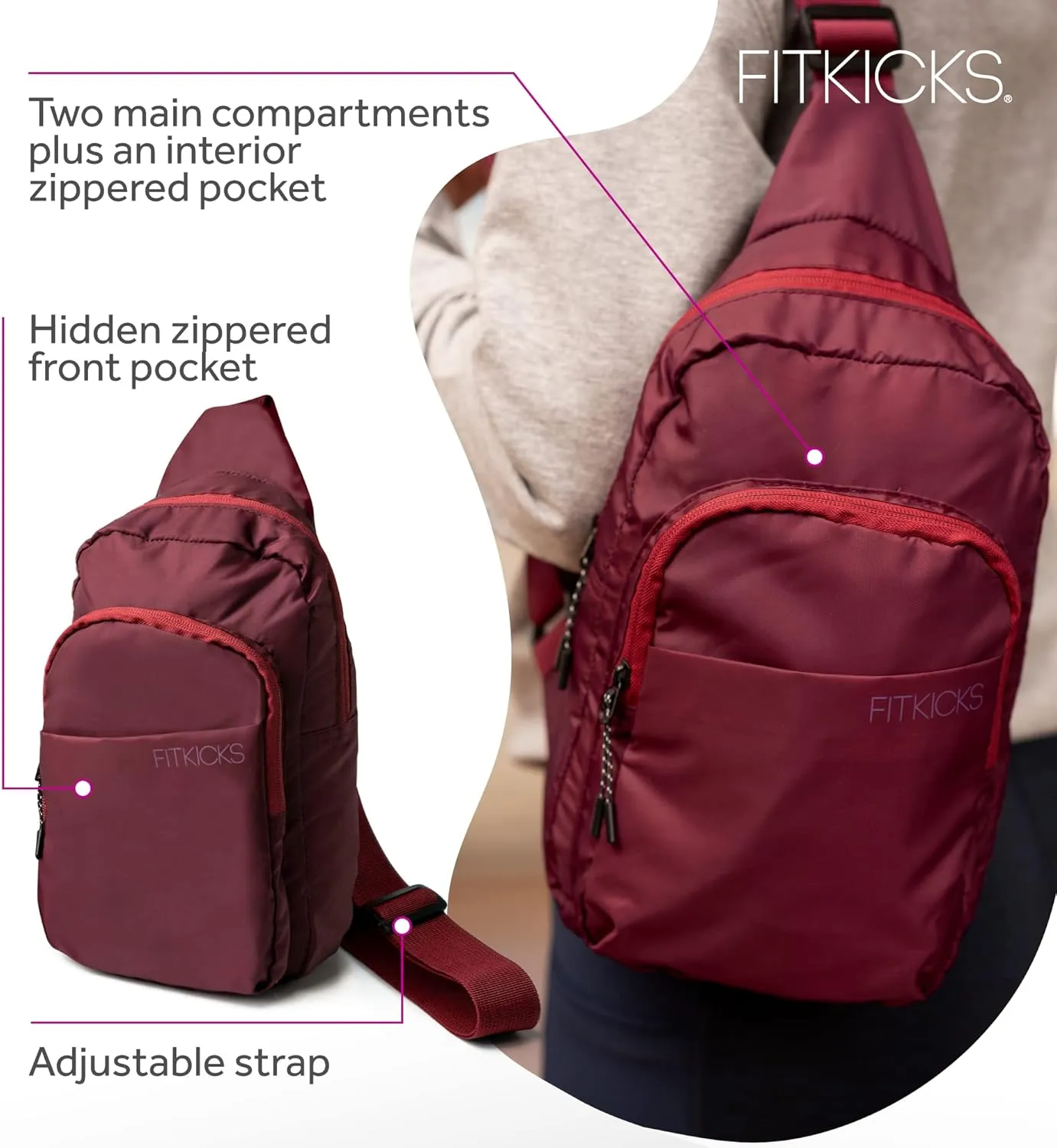 FITKICKS Hideaway Packable Sling Bag, Cross-body Bag for Men and Women, Burgundy