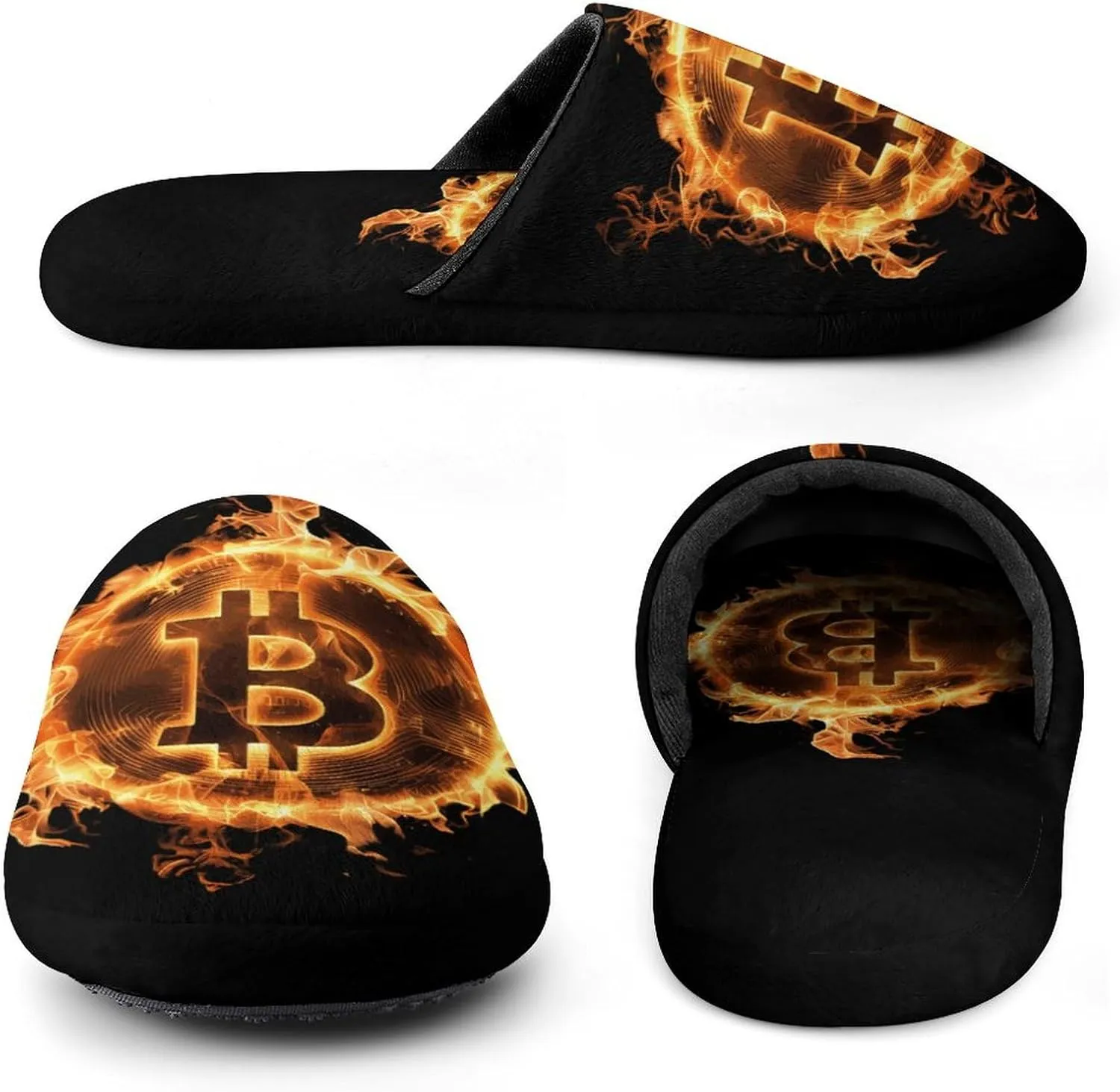 Flame Bitcoin Men's Flannel House Slippers Soft Warm Home Shoes Indoor Slip On Shoes