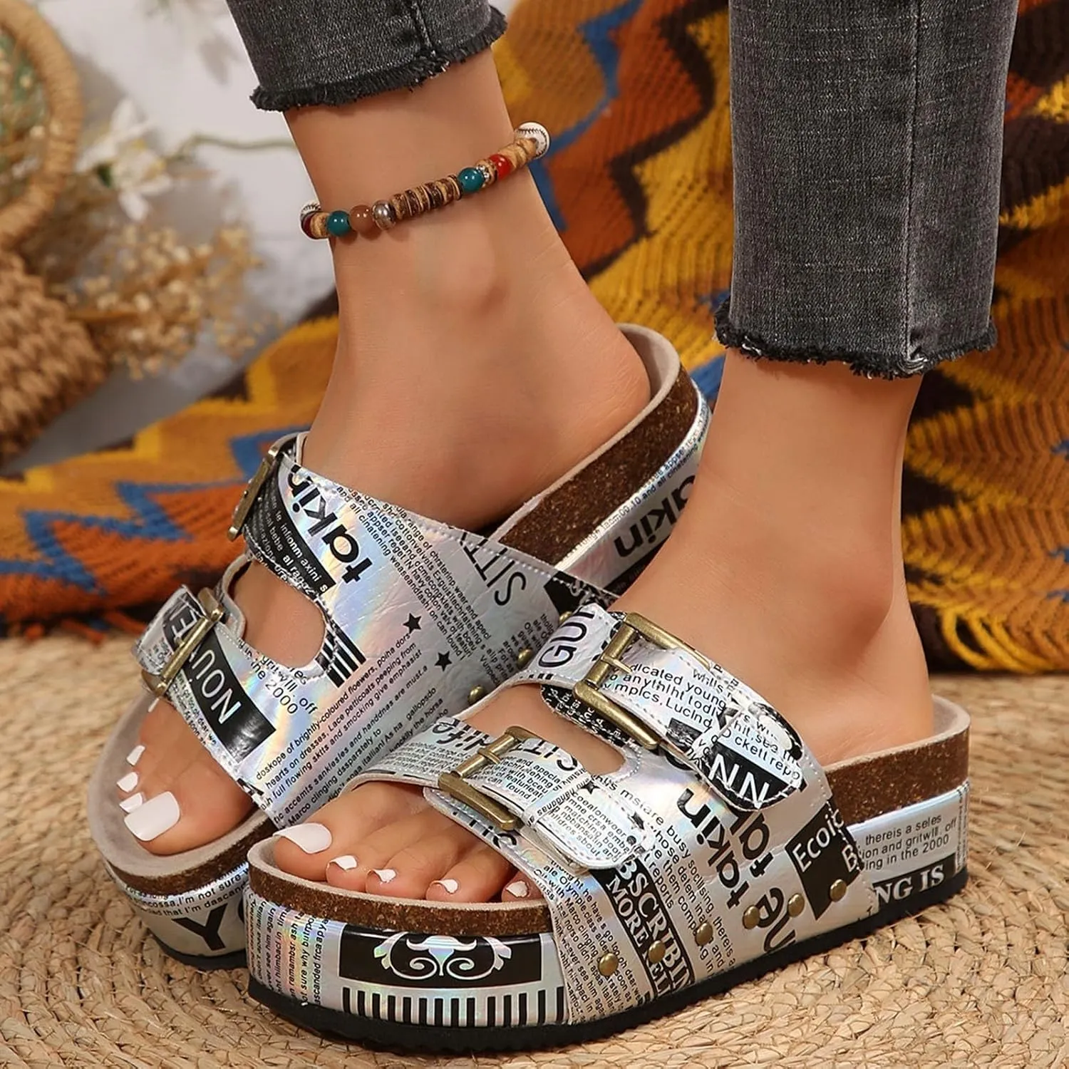 Flatform Sandals for Women Cork Footbed Slippers Platform Sandals Fashionable Thick Soled Mats Comfortable Sandals Women Dressy Summer Casual Walking Wedges Platform Wedges Open Toe Beach Shoes