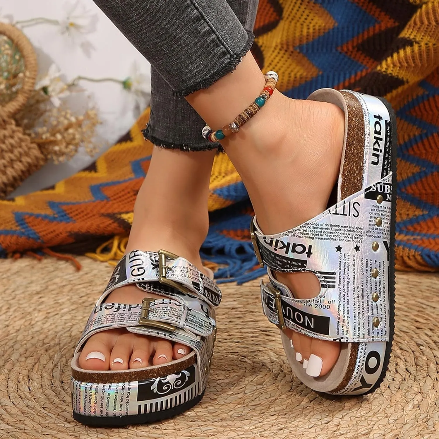 Flatform Sandals for Women Cork Footbed Slippers Platform Sandals Fashionable Thick Soled Mats Comfortable Sandals Women Dressy Summer Casual Walking Wedges Platform Wedges Open Toe Beach Shoes