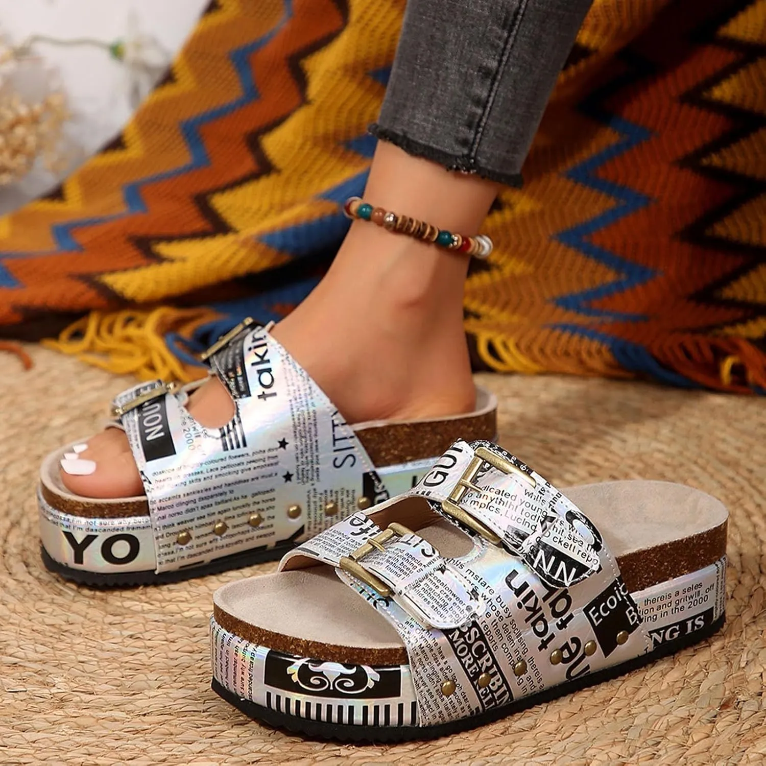 Flatform Sandals for Women Cork Footbed Slippers Platform Sandals Fashionable Thick Soled Mats Comfortable Sandals Women Dressy Summer Casual Walking Wedges Platform Wedges Open Toe Beach Shoes