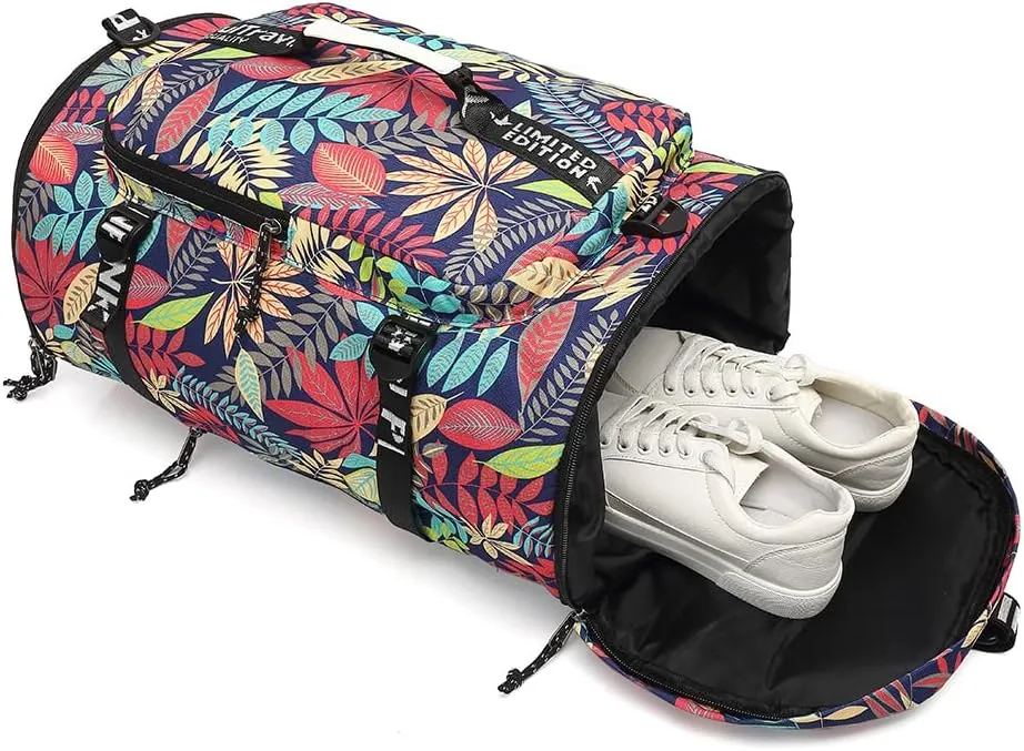 Floral Gym Duffle Bag Backpack 4 ways for Women Waterproof with Shoes Compartment for travel Sport Hiking laptop Lightweight, Kalesi