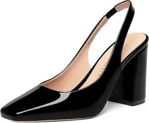 FOGEENA Womens Dressy Comfortable Patent Leather Square Toe Slingback Sexy Block High Heel Pumps Shoes 3.5 Inch