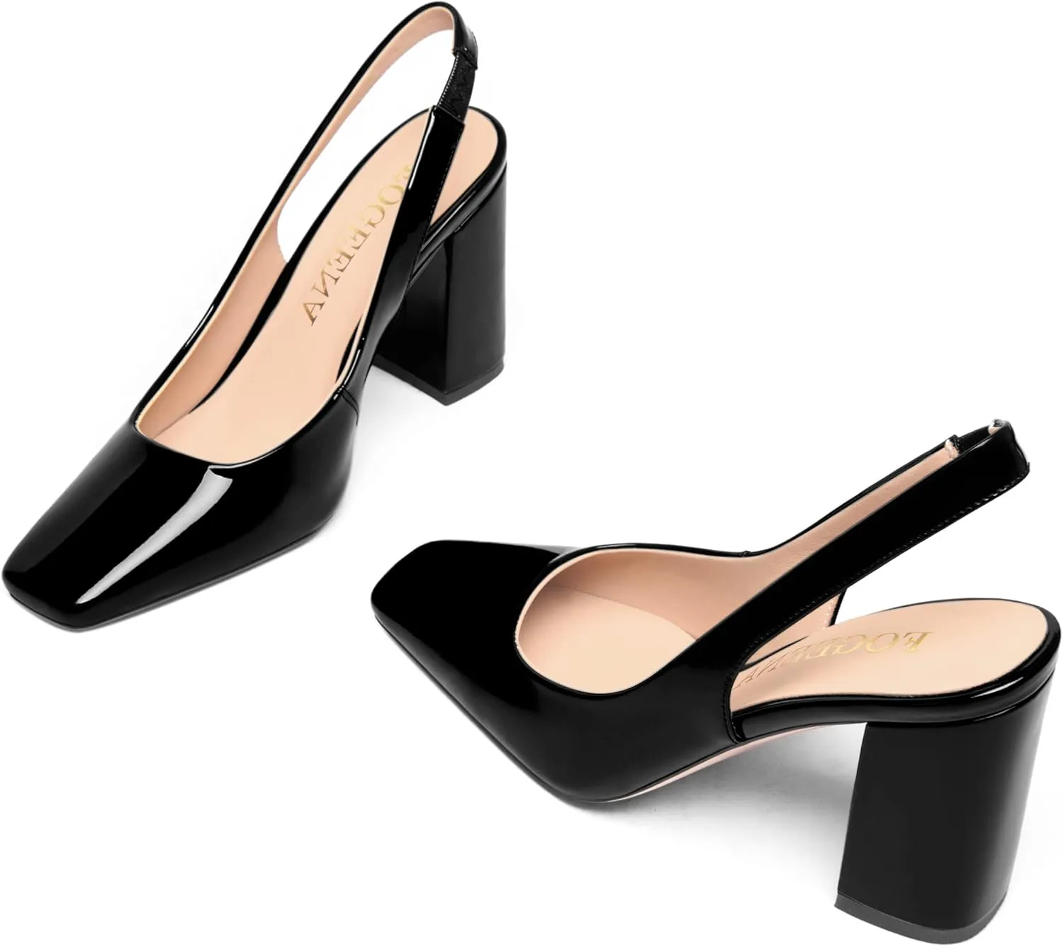 FOGEENA Womens Dressy Comfortable Patent Leather Square Toe Slingback Sexy Block High Heel Pumps Shoes 3.5 Inch