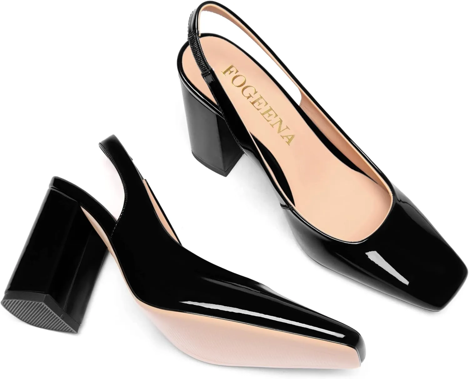 FOGEENA Womens Dressy Comfortable Patent Leather Square Toe Slingback Sexy Block High Heel Pumps Shoes 3.5 Inch