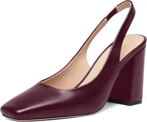 FOGEENA Womens Slingback Sexy Comfortable Square Toe Party Fashion Matte Leather Block High Heel Pumps Dress Shoes 3.5 Inch