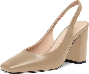FOGEENA Womens Slingback Sexy Comfortable Square Toe Party Fashion Matte Leather Block High Heel Pumps Dress Shoes 3.5 Inch