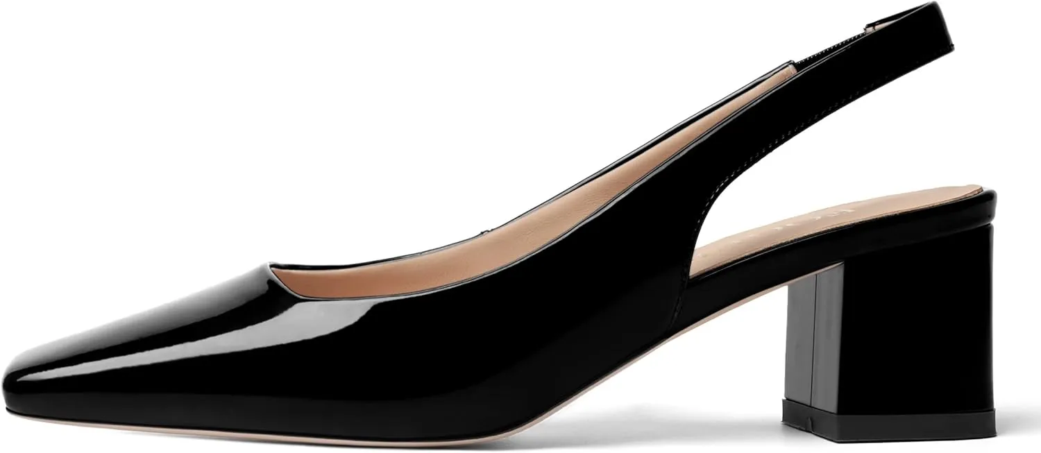FOGEENA Womens Square Toe Patent Party Solid Dress Slip On Chunky Leather Low Heel Pumps Shoes 2 Inch