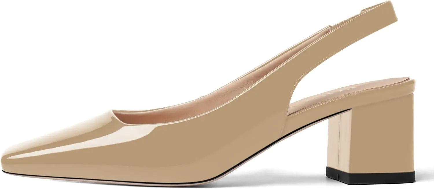 FOGEENA Womens Square Toe Patent Party Solid Dress Slip On Chunky Leather Low Heel Pumps Shoes 2 Inch