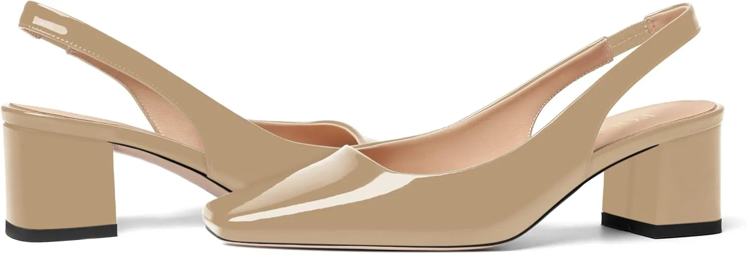 FOGEENA Womens Square Toe Patent Party Solid Dress Slip On Chunky Leather Low Heel Pumps Shoes 2 Inch