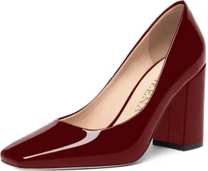 FOGEENA Womens Square Toe Slip On Sexy Patent Leather Party Block High Heel Pumps Shoes 3.34 Inch