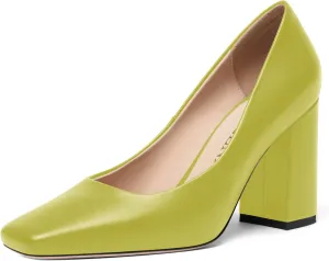FOGEENA Womens Square Toe Slip On Sexy Patent Leather Party Block High Heel Pumps Shoes 3.34 Inch