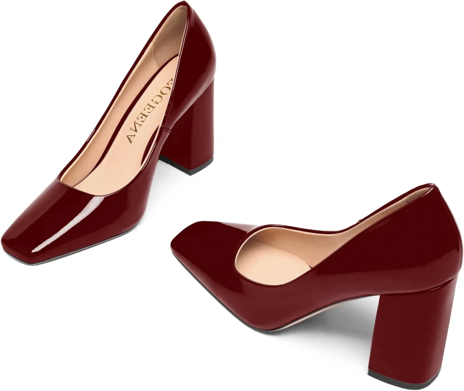 FOGEENA Womens Square Toe Slip On Sexy Patent Leather Party Block High Heel Pumps Shoes 3.34 Inch