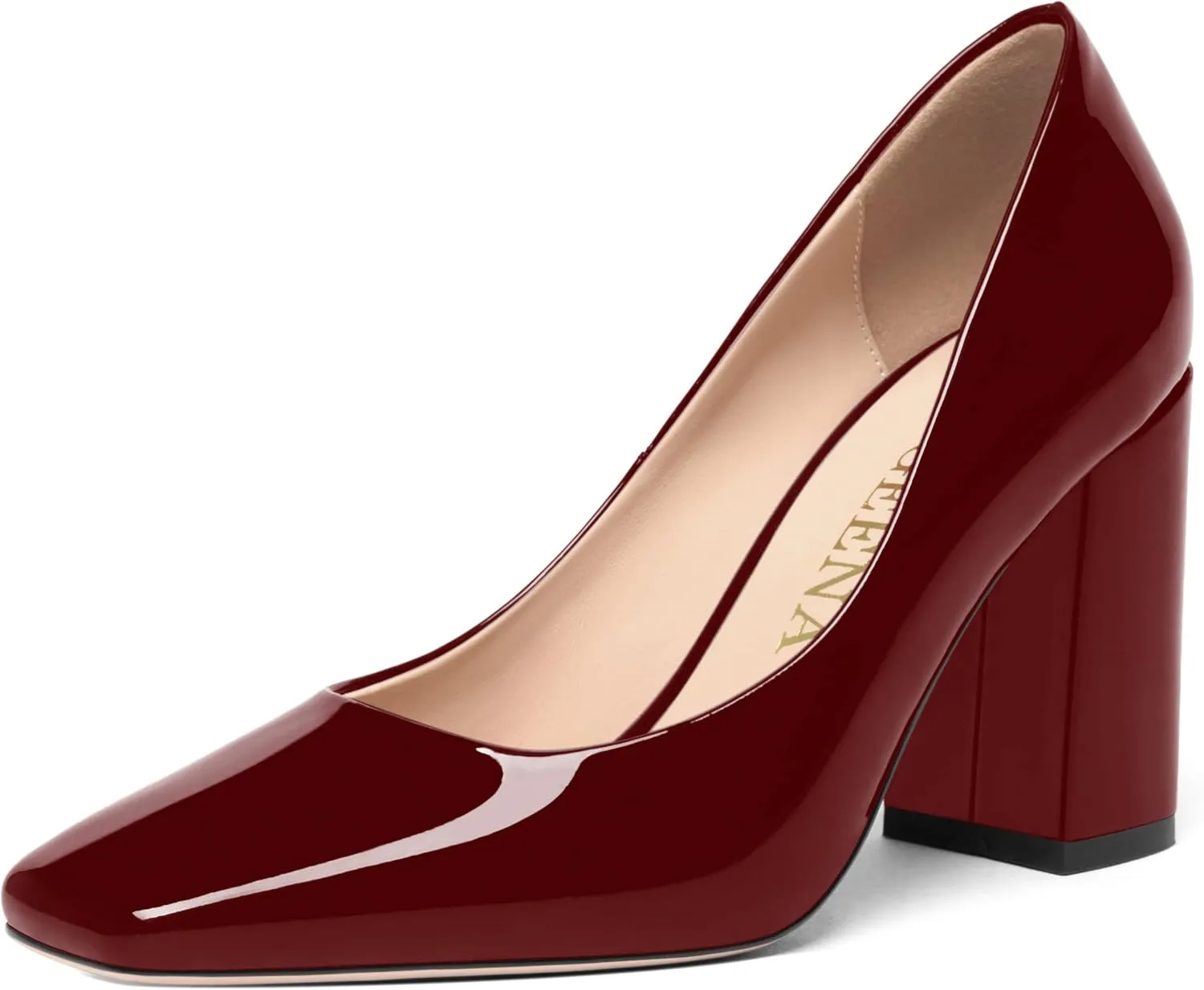 FOGEENA Womens Square Toe Slip On Sexy Patent Leather Party Block High Heel Pumps Shoes 3.34 Inch