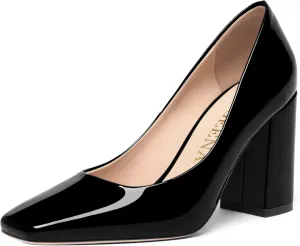 FOGEENA Womens Square Toe Slip On Sexy Patent Leather Party Block High Heel Pumps Shoes 3.34 Inch