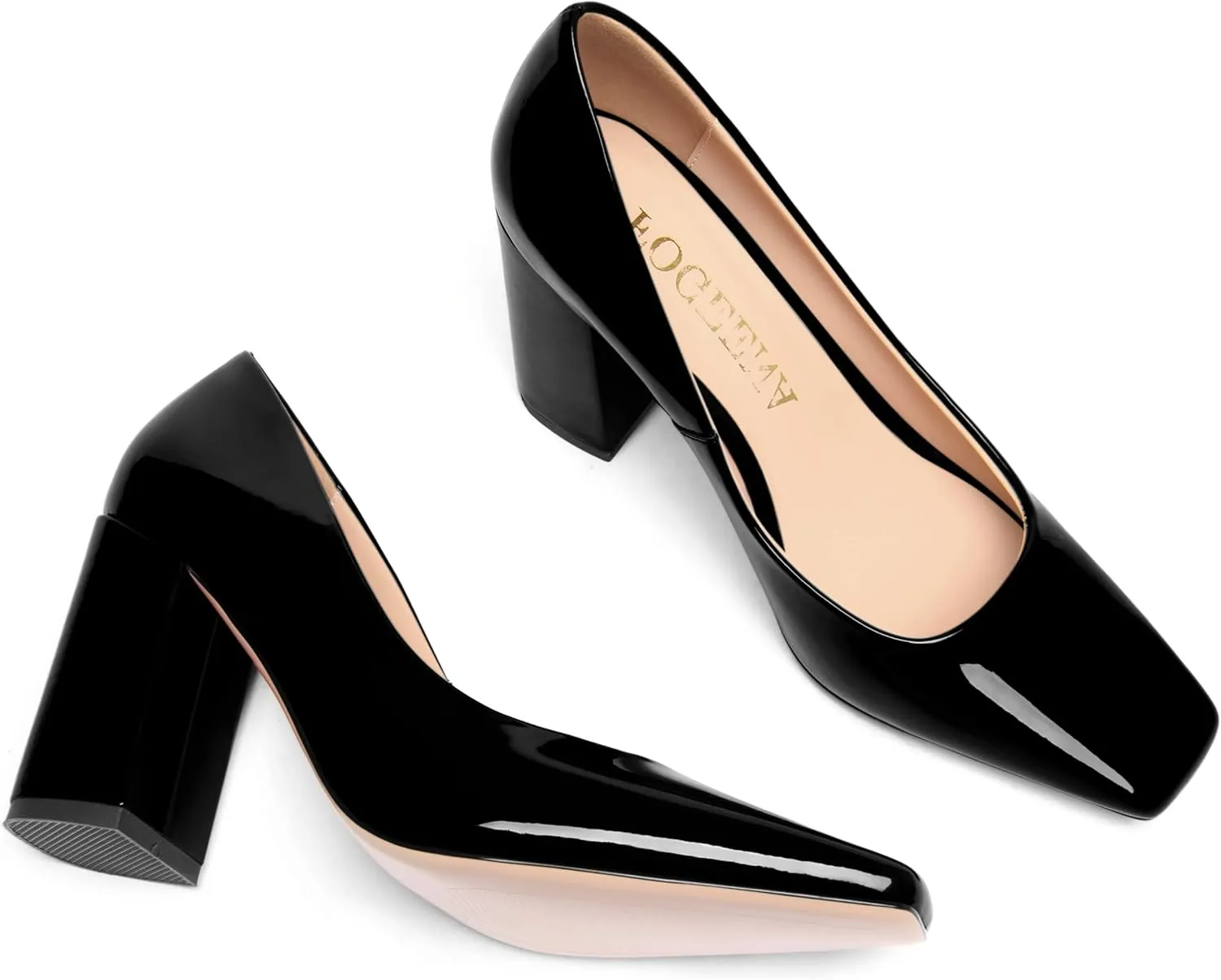 FOGEENA Womens Square Toe Slip On Sexy Patent Leather Party Block High Heel Pumps Shoes 3.34 Inch