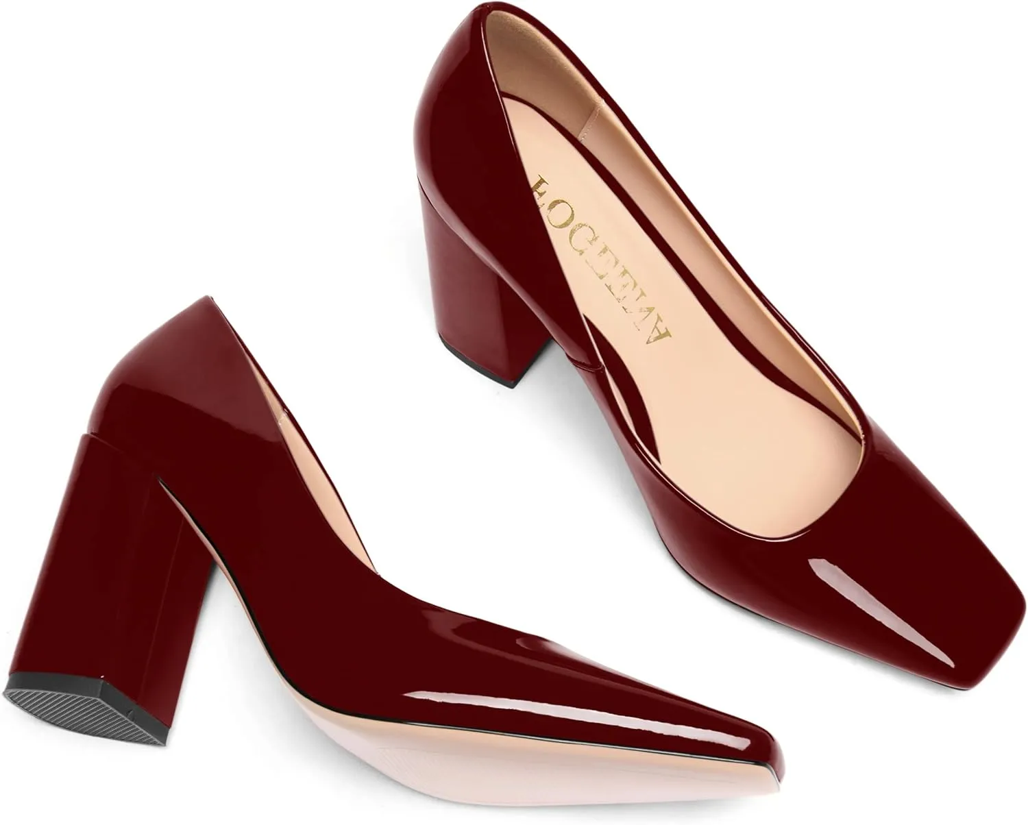 FOGEENA Womens Square Toe Slip On Sexy Patent Leather Party Block High Heel Pumps Shoes 3.34 Inch