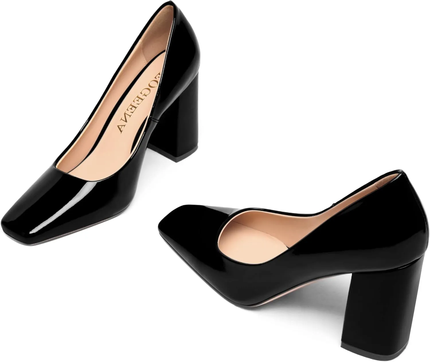 FOGEENA Womens Square Toe Slip On Sexy Patent Leather Party Block High Heel Pumps Shoes 3.34 Inch