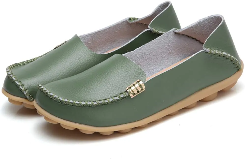 FolHaoth Women's Comfortable Leather Loafers Slip On Flats Casual Round Toe Moccasins Wild Walking Nurse Breathable Driving Fashion Soft Shoes