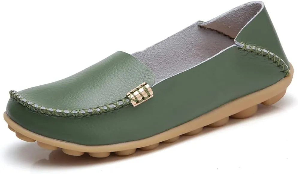 FolHaoth Women's Comfortable Leather Loafers Slip On Flats Casual Round Toe Moccasins Wild Walking Nurse Breathable Driving Fashion Soft Shoes