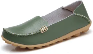 FolHaoth Women's Comfortable Leather Loafers Slip On Flats Casual Round Toe Moccasins Wild Walking Nurse Breathable Driving Fashion Soft Shoes