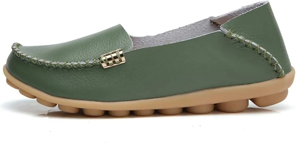 FolHaoth Women's Comfortable Leather Loafers Slip On Flats Casual Round Toe Moccasins Wild Walking Nurse Breathable Driving Fashion Soft Shoes