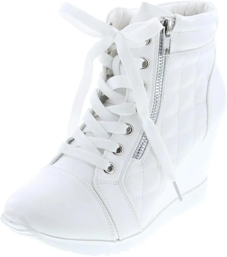 Forever Link Adriana 12 Womens Lace Up Quilted High Top Wedge Sneaker White,White,9