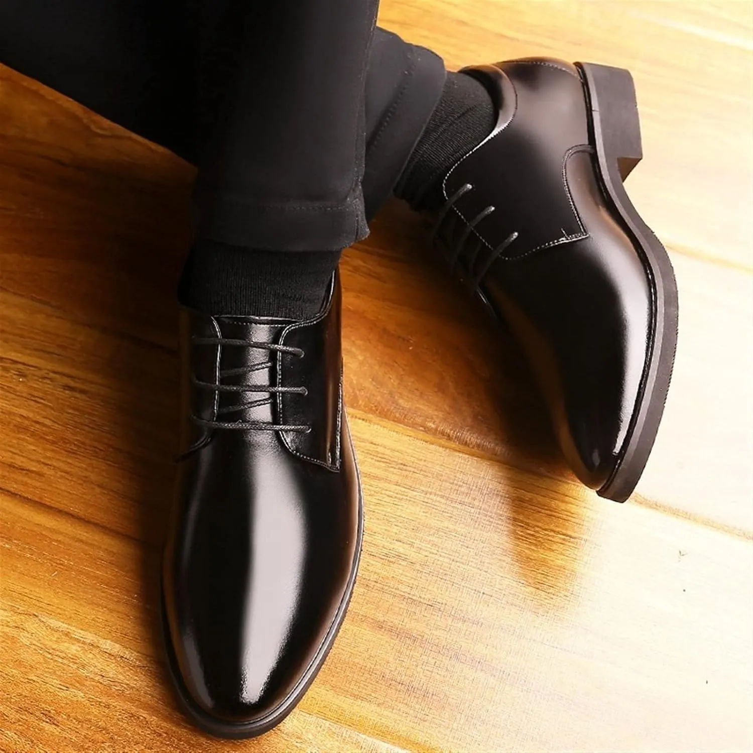 Formal Business Oxfords for Men Classic Dress Shoes Invisible Height Shoes(-2.4 Inches) Vegan Leather Lace up Round Toe Block Heel Black Formal Men