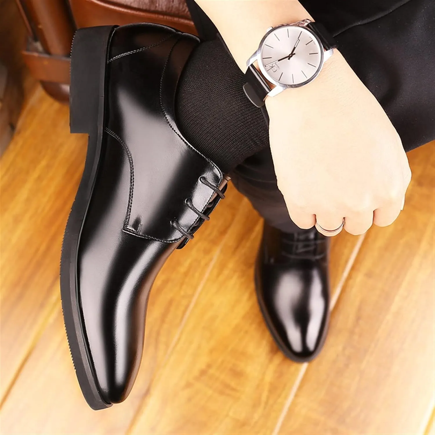 Formal Business Oxfords for Men Classic Dress Shoes Invisible Height Shoes(-2.4 Inches) Vegan Leather Lace up Round Toe Block Heel Black Formal Men
