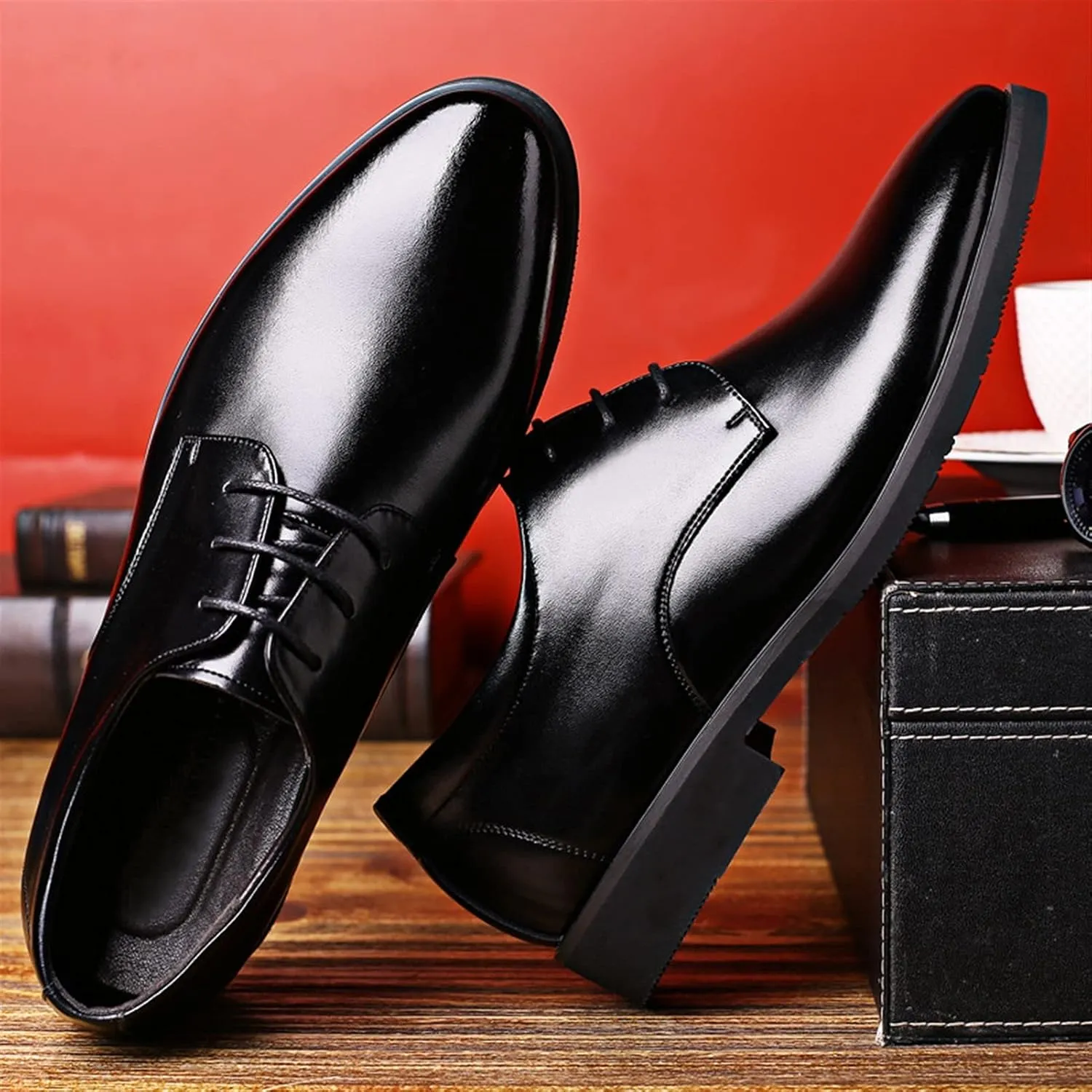 Formal Business Oxfords for Men Classic Dress Shoes Invisible Height Shoes(-2.4 Inches) Vegan Leather Lace up Round Toe Block Heel Black Formal Men