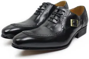 Formal Dress Shoes for Men Lace Up Split Toe Monk Strap Pointed Toe Cowhide Resistant Non Slip Low Top Party (Color : Black, Size : 7)