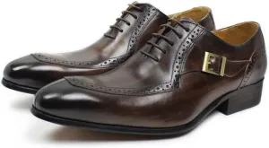 Formal Dress Shoes for Men Lace Up Split Toe Monk Strap Pointed Toe Cowhide Resistant Non Slip Low Top Party (Color : Brown, Size : 7.5)