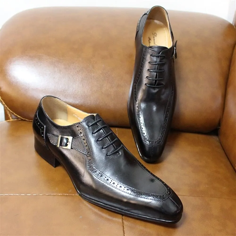 Formal Dress Shoes for Men Lace Up Split Toe Monk Strap Pointed Toe Cowhide Resistant Non Slip Low Top Party