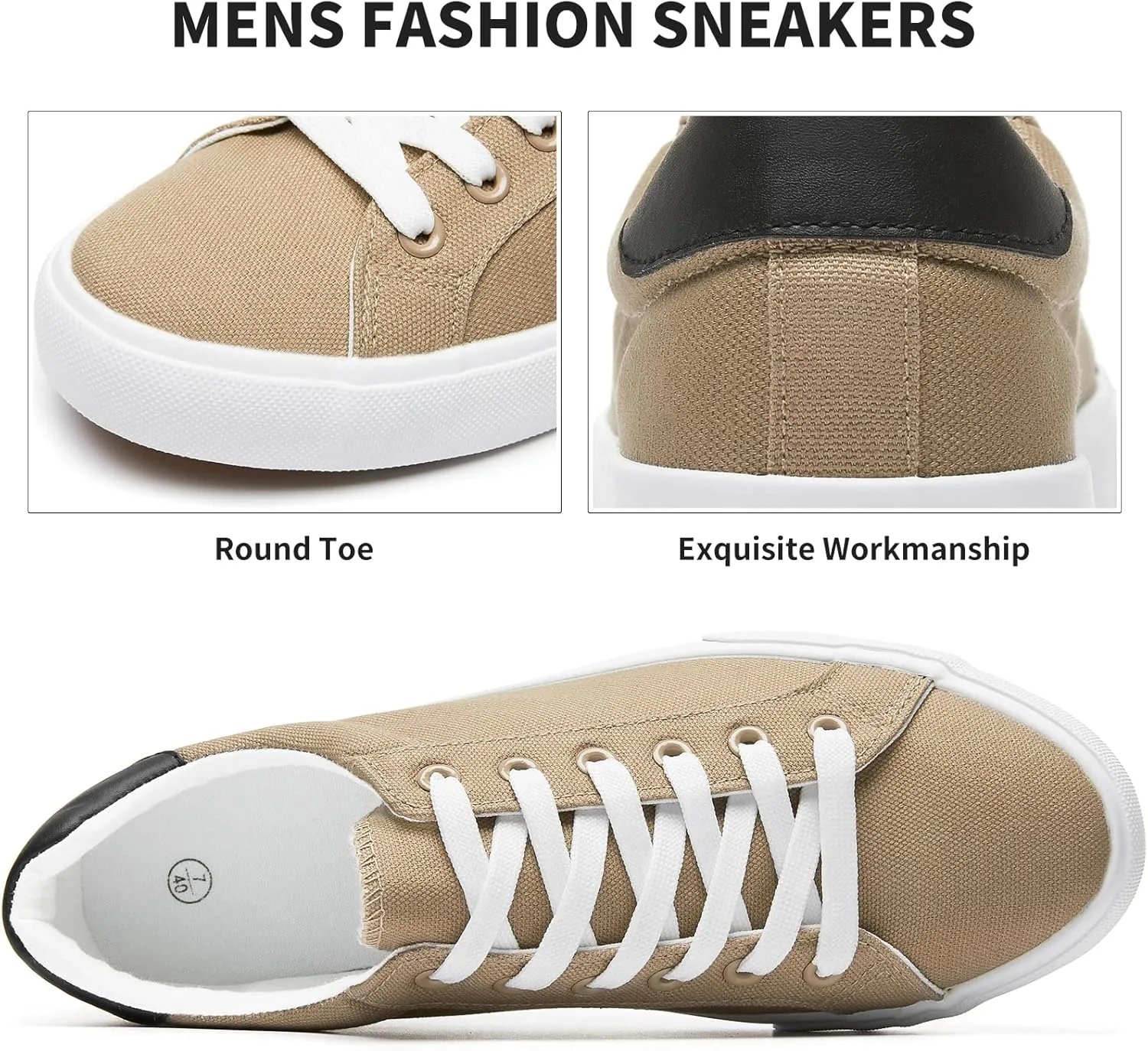 FRACORA Mens Canvas Shoes White Black Sneakers Low Top Lace Up Casual Shoes