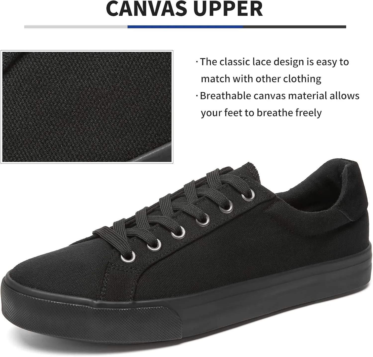 FRACORA Mens Canvas Shoes White Black Sneakers Low Top Lace Up Casual Shoes