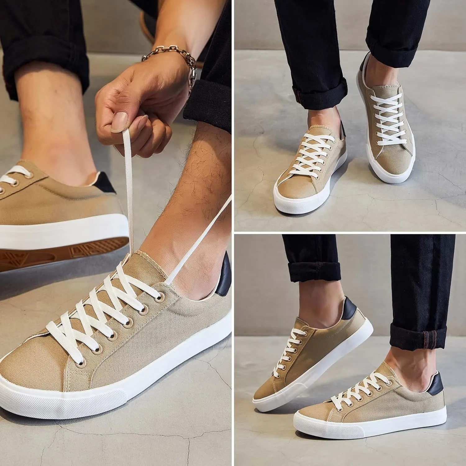 FRACORA Mens Canvas Shoes White Black Sneakers Low Top Lace Up Casual Shoes