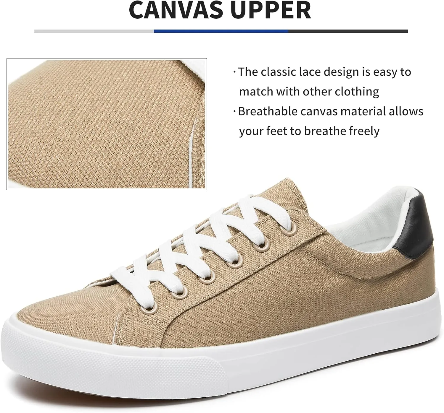 FRACORA Mens Canvas Shoes White Black Sneakers Low Top Lace Up Casual Shoes