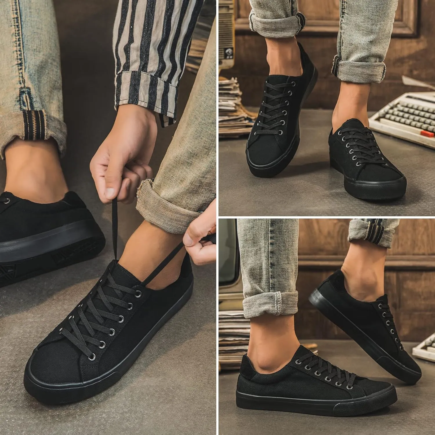 FRACORA Mens Canvas Shoes White Black Sneakers Low Top Lace Up Casual Shoes