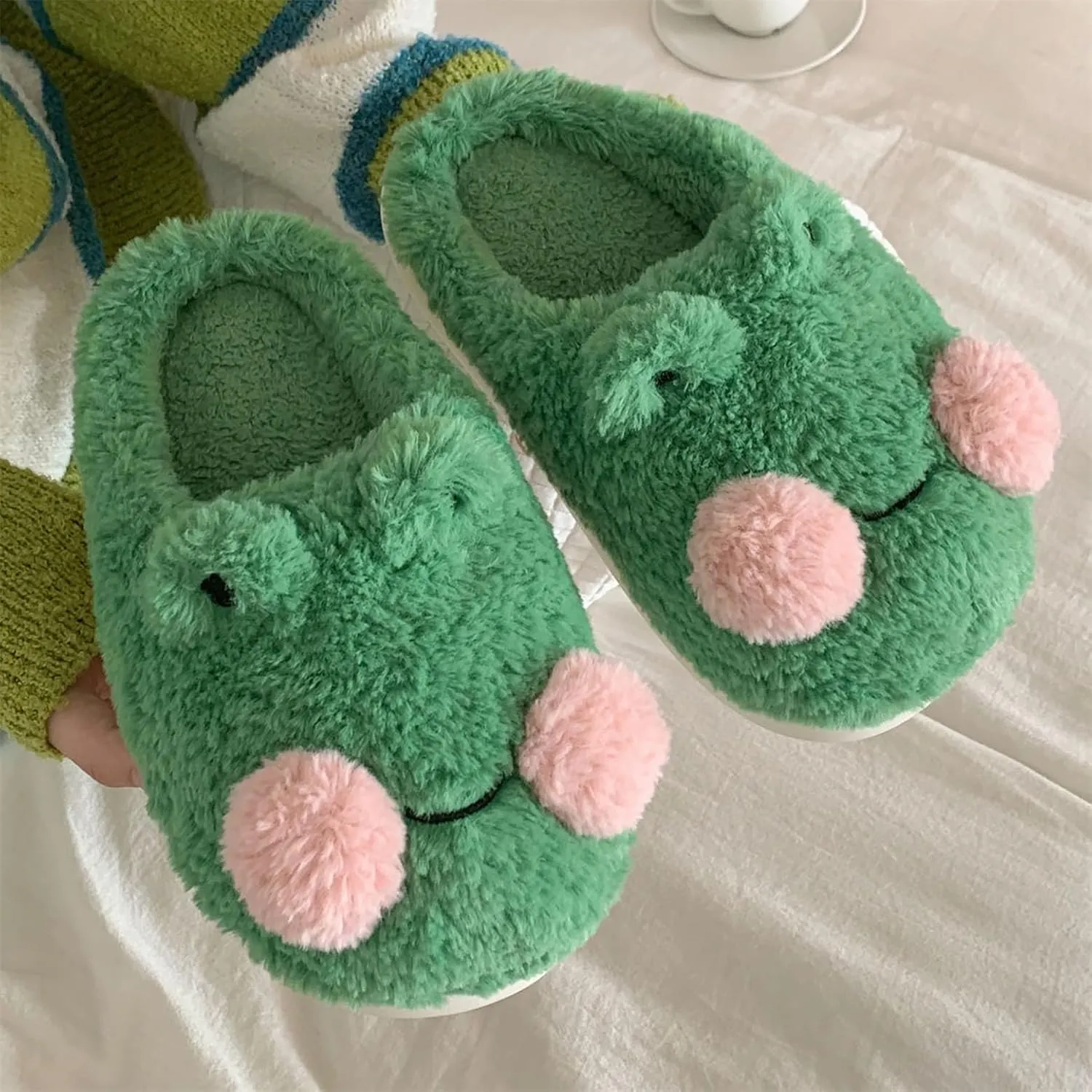 Frog Cartoon Animal Slippers - Fluffy Retro Memory Foam Plush Indoor Home Shoes With Thick Soles