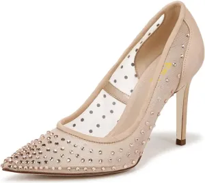 FSJ Women Pointed Toe Stiletto Pumps Slip On Sparkly Rhinestones Studded Mesh High Heel Sexy Formal Event Dress Shoes Sizes 4-16 US