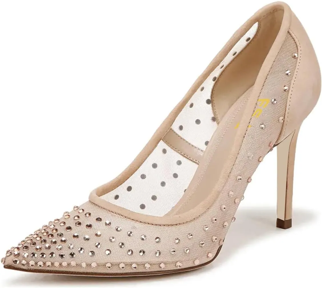 FSJ Women Pointed Toe Stiletto Pumps Slip On Sparkly Rhinestones Studded Mesh High Heel Sexy Formal Event Dress Shoes Sizes 4-16 US