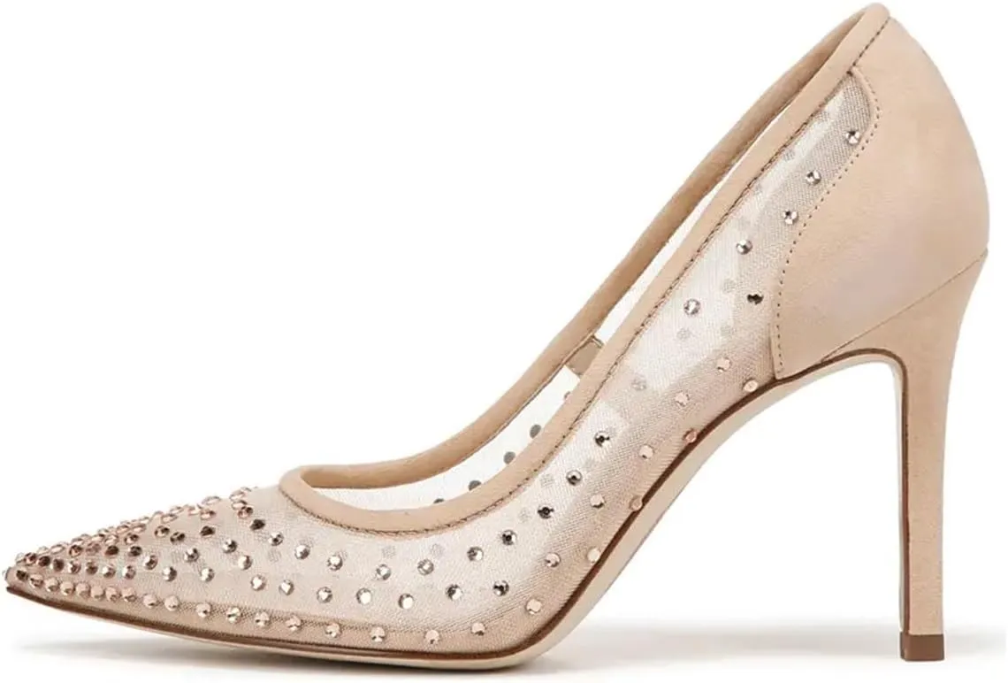 FSJ Women Pointed Toe Stiletto Pumps Slip On Sparkly Rhinestones Studded Mesh High Heel Sexy Formal Event Dress Shoes Sizes 4-16 US